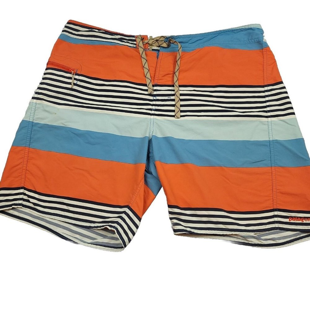 Patagonia Mens 40 Wavefarer Striped Board Shorts Orange‎ Blue Swim Style 86620